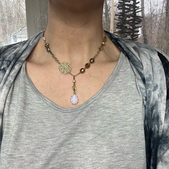 Handmade vintage and new pieces mixed up-cycled necklace with real stone pendant - Picture 5 of 13